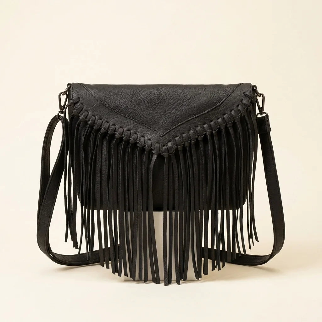Black black leather fringe crossbody bag, front view