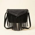 Black black leather fringe crossbody bag, front view