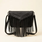 Black black leather fringe crossbody bag, front view