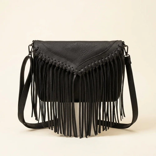 Black black leather fringe crossbody bag, front view