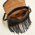 Interior lining and pockets of Black black leather fringe crossbody bag