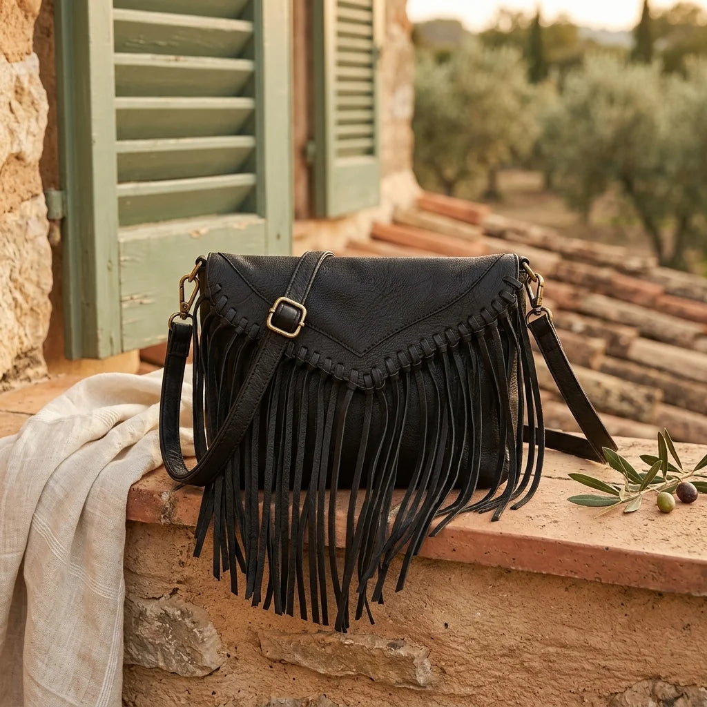 Black black leather fringe crossbody bag styled in a warm Mediterranean setting