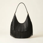 Black black leather fringe hobo bag, front view