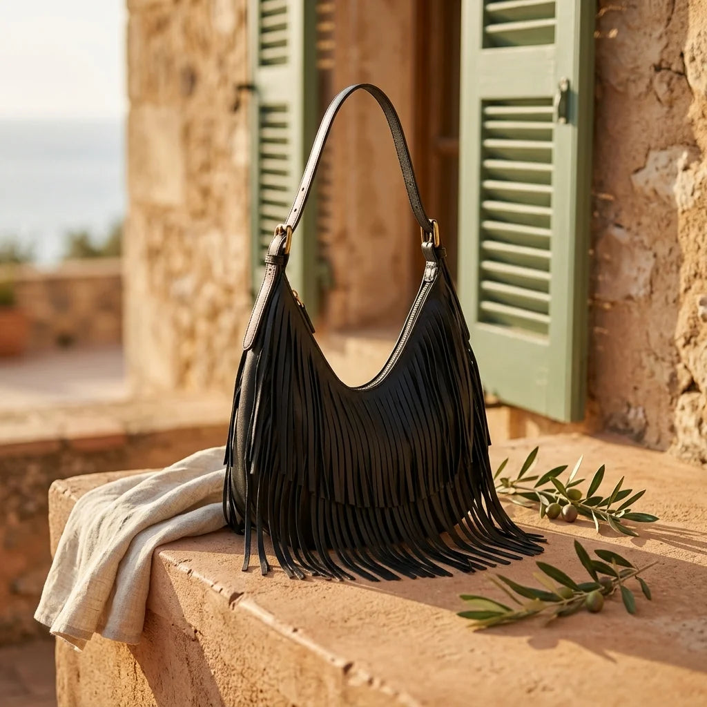 Black black leather fringe hobo bag styled in a warm Mediterranean setting
