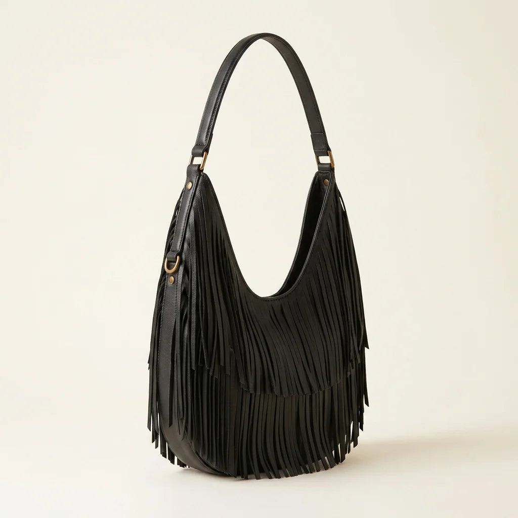 Black black leather fringe hobo bag, three-quarter angle showing side depth