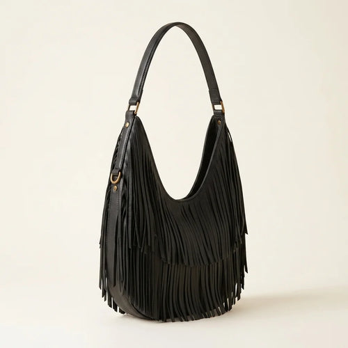 Black black leather fringe hobo bag, three-quarter angle showing side depth