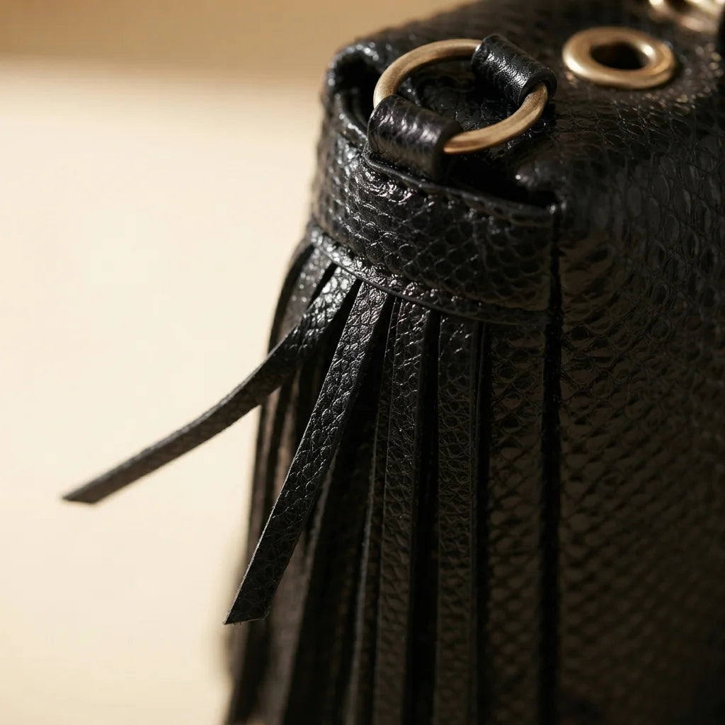 Close-up of fringe stitching and texture on Black black leather fringe shoulder bag