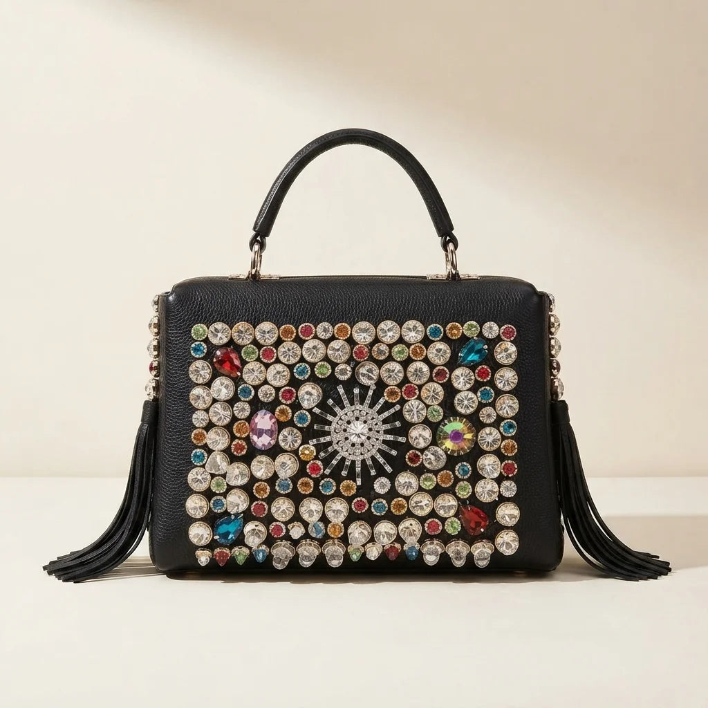 Black black leather fringe shoulder bag, front view