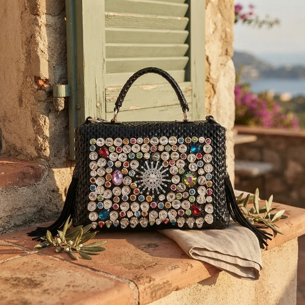 Black black leather fringe shoulder bag styled in a warm Mediterranean setting