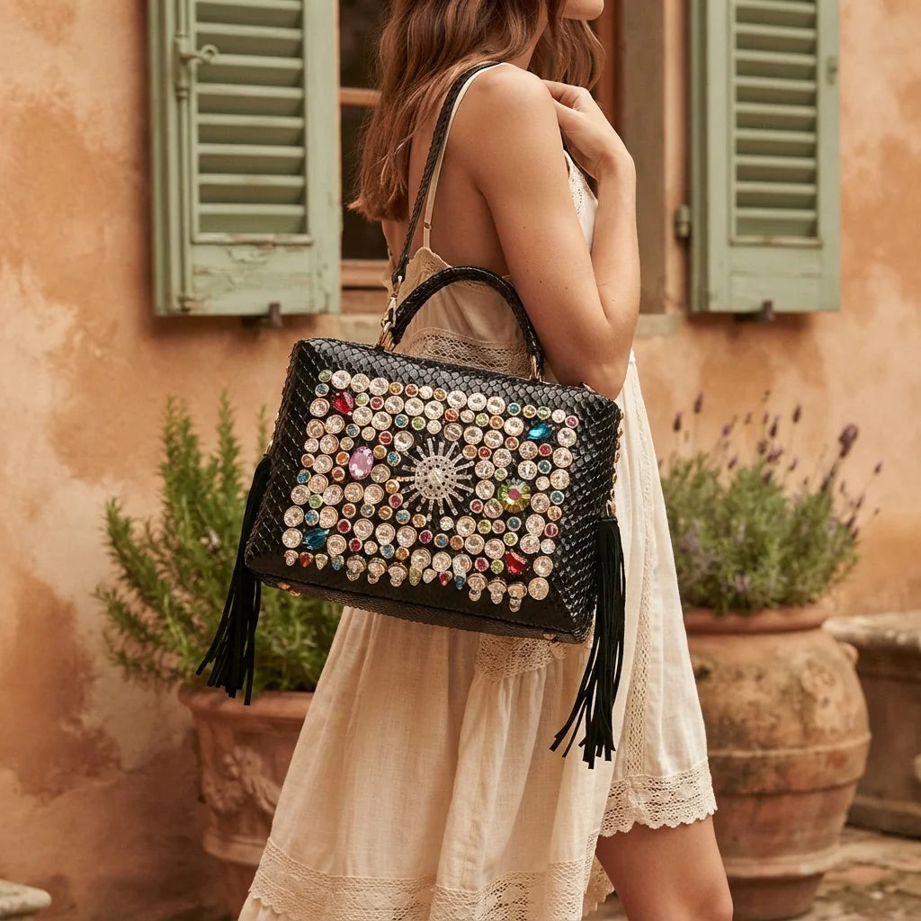 Woman wearing Black black leather fringe shoulder bag with swaying fringe