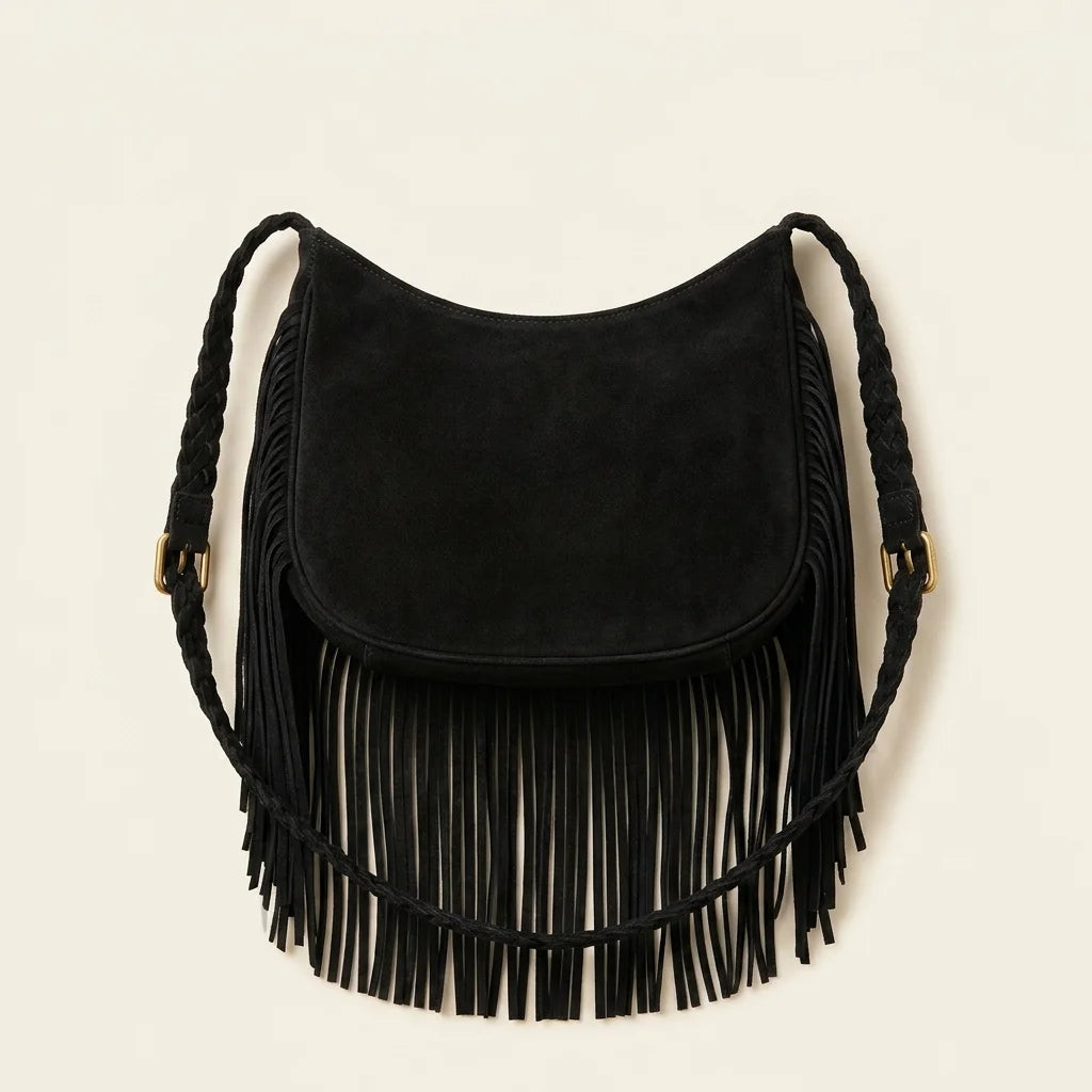 Back panel of Black black suede fringe crossbody bag with strap attachments
