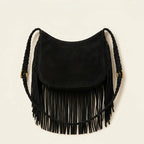 Back panel of Black black suede fringe crossbody bag with strap attachments