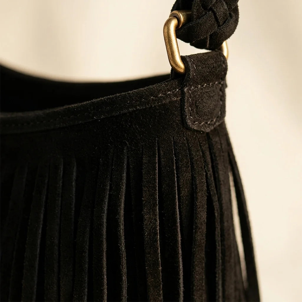 Close-up of fringe stitching and texture on Black black suede fringe crossbody bag