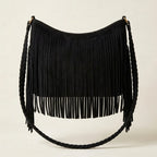 Black black suede fringe crossbody bag, front view