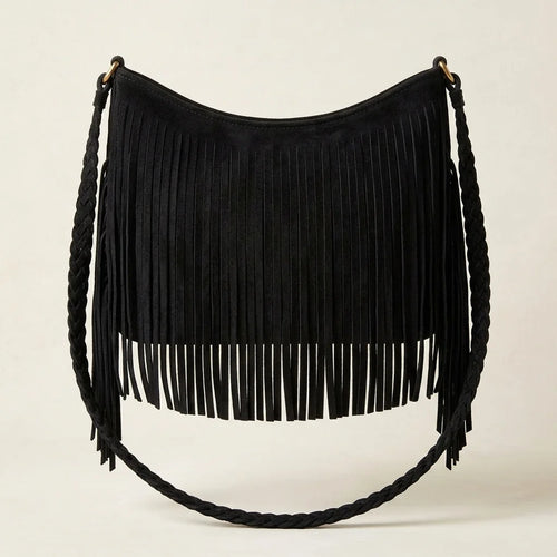Black black suede fringe crossbody bag, front view