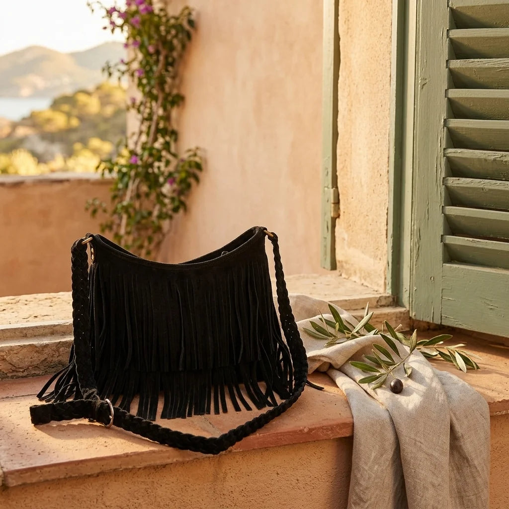 Black black suede fringe crossbody bag styled in a warm Mediterranean setting