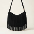 Black black suede fringe hobo bag, front view