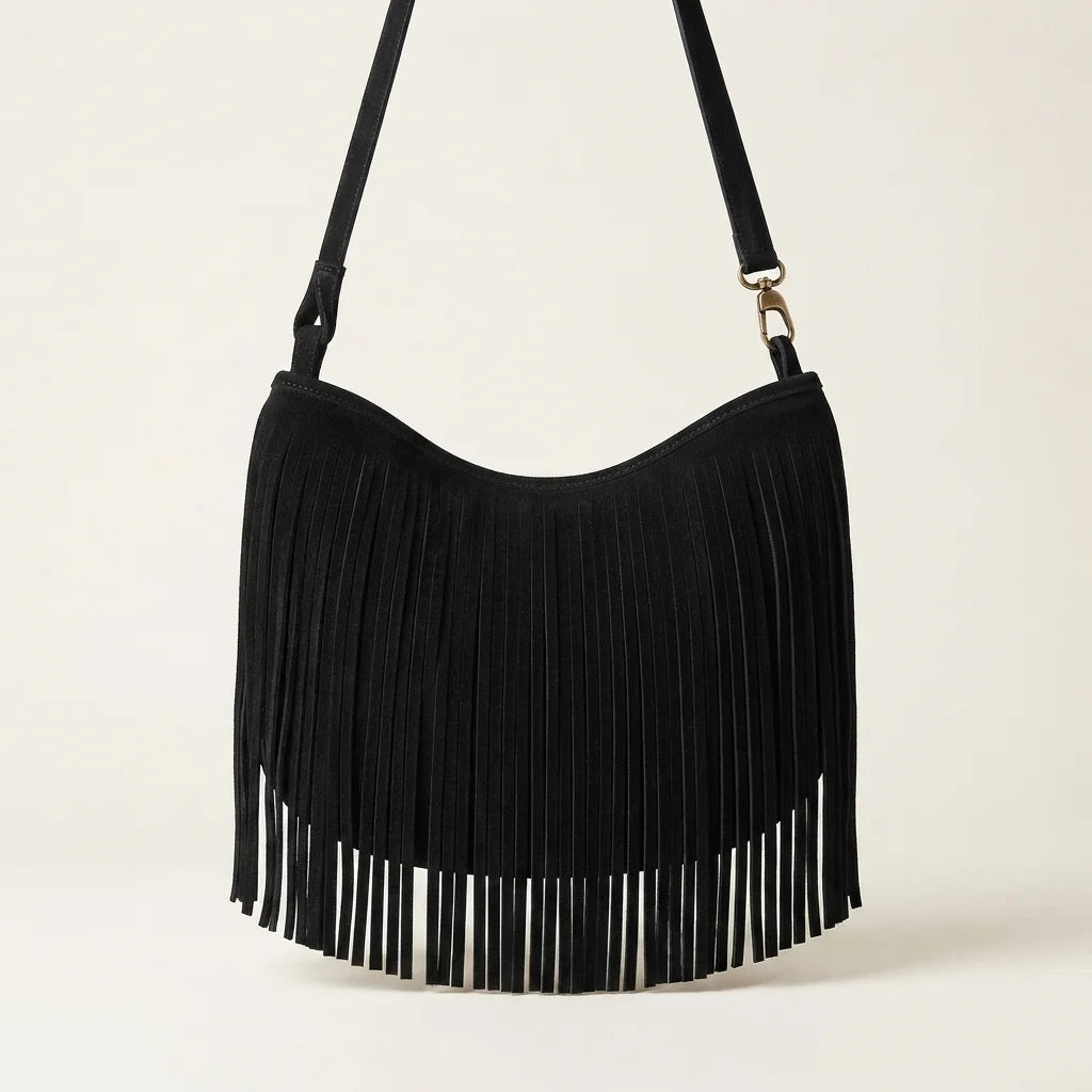 Black black suede fringe hobo bag, front view