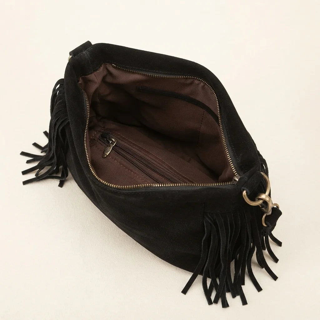 Interior lining and pockets of Black black suede fringe hobo bag