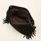 Interior lining and pockets of Black black suede fringe hobo bag