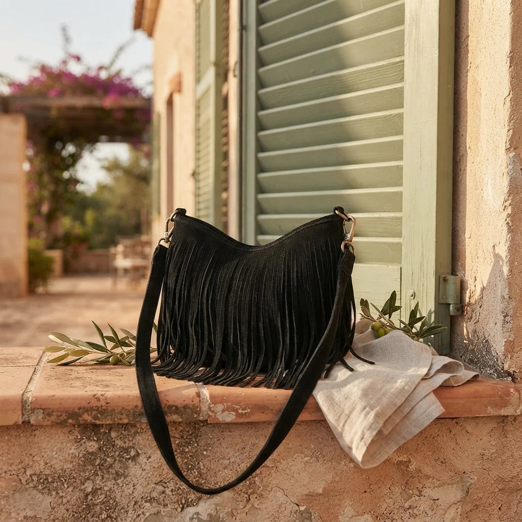 Black black suede fringe hobo bag styled in a warm Mediterranean setting