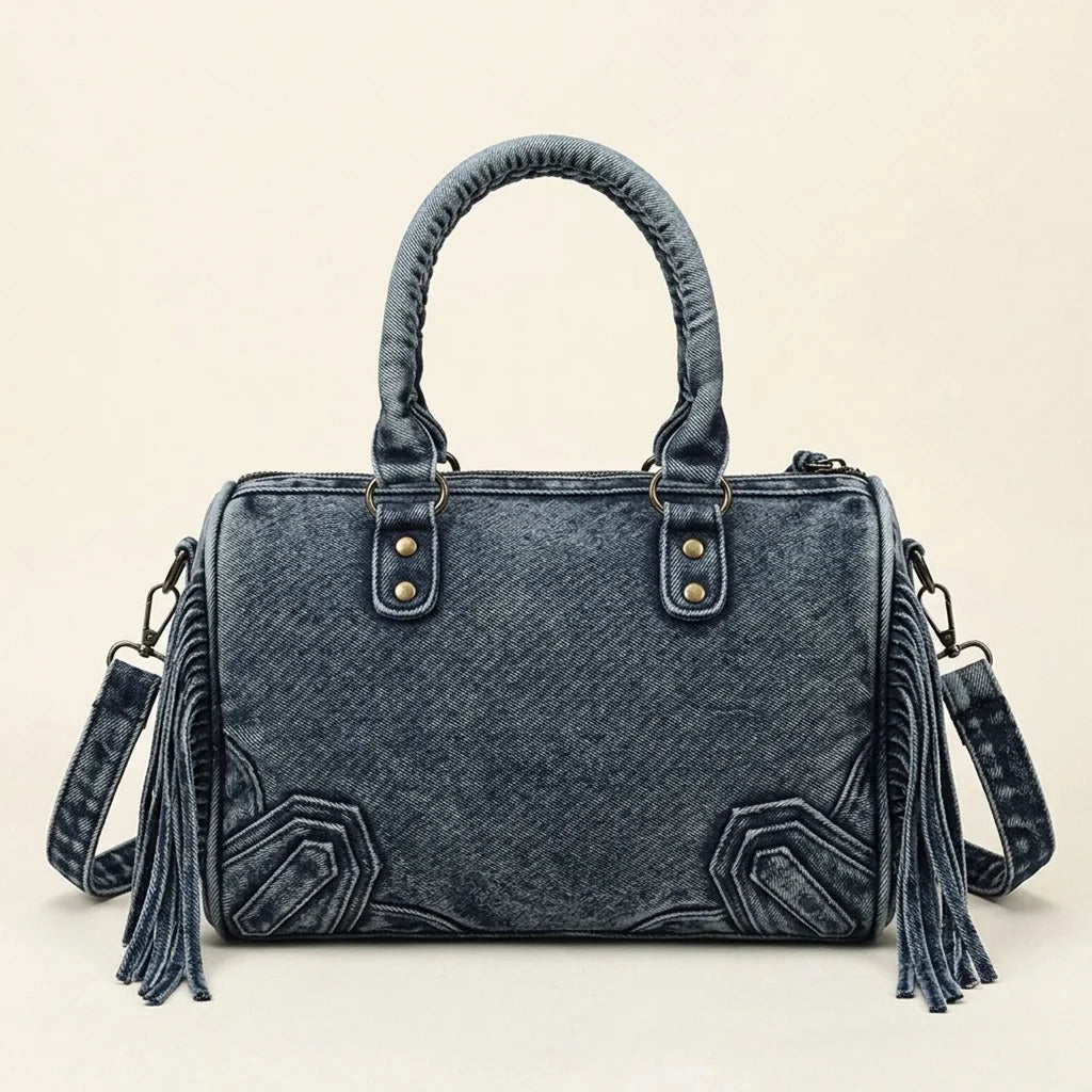 Back panel of Blue blue crossbody bag fringe with strap attachments