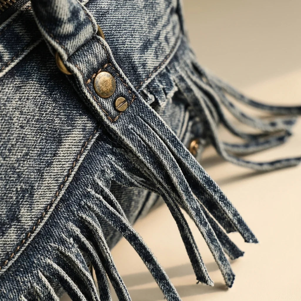 Close-up of fringe stitching and texture on Blue blue crossbody bag fringe
