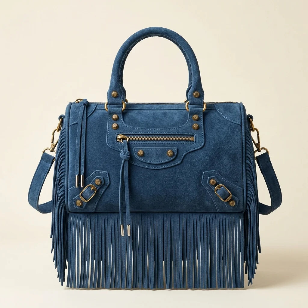 Blue blue crossbody bag fringe, front view