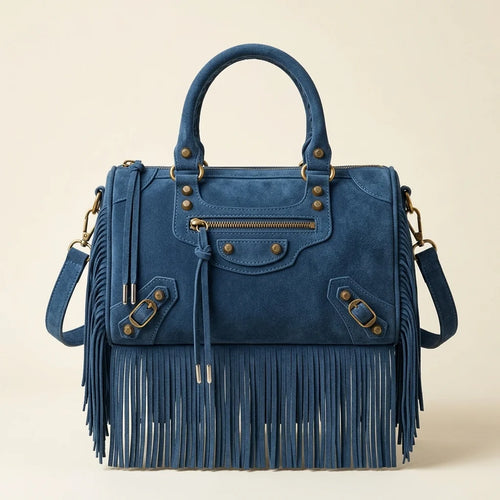 Blue blue crossbody bag fringe, front view