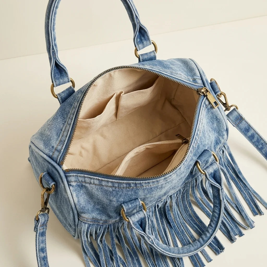 Interior lining and pockets of Blue blue crossbody bag fringe
