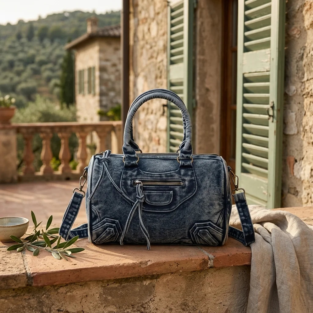 Blue blue crossbody bag fringe styled in a warm Mediterranean setting