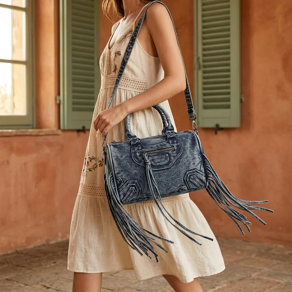 Woman wearing Blue blue crossbody bag fringe with swaying fringe
