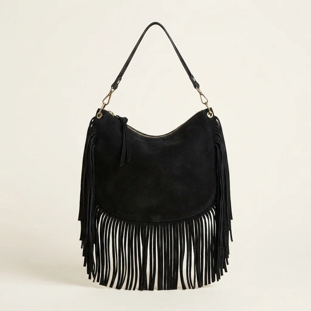 Black bohemian fringe bag, front view