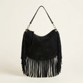 Black bohemian fringe bag, front view