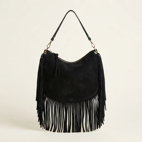 Black bohemian fringe bag, front view