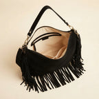 Interior lining and pockets of Black bohemian fringe bag