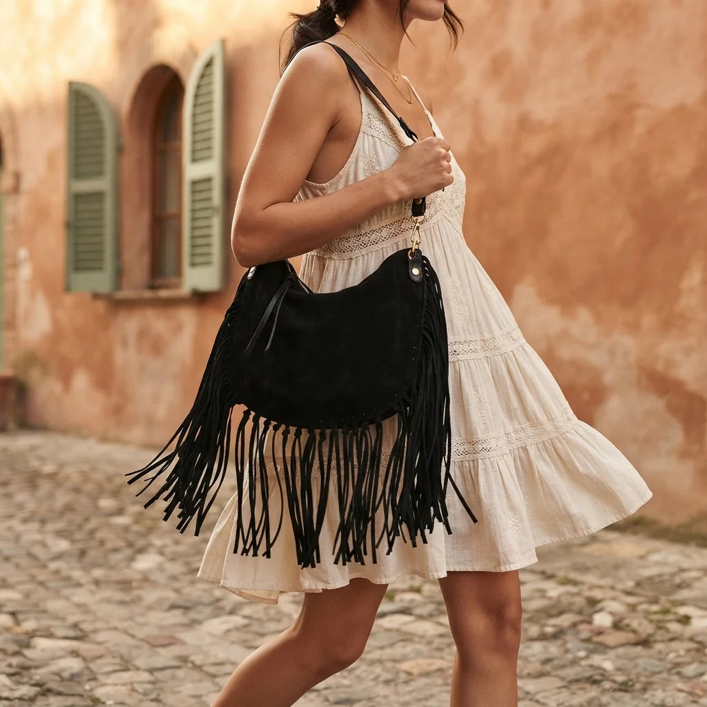 Woman wearing Black bohemian fringe bag with swaying fringe
