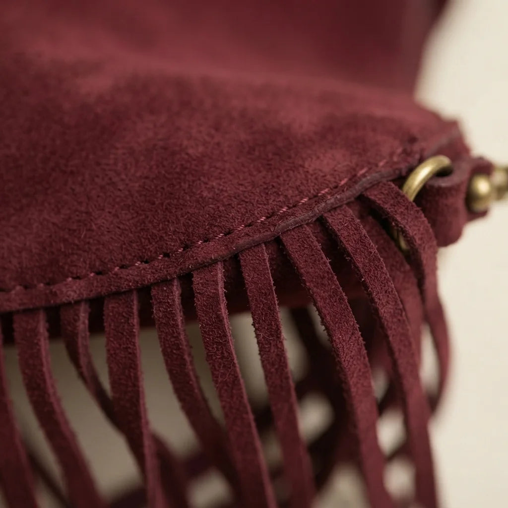 Close-up of fringe stitching and texture on Burgundy bohemian fringe bag