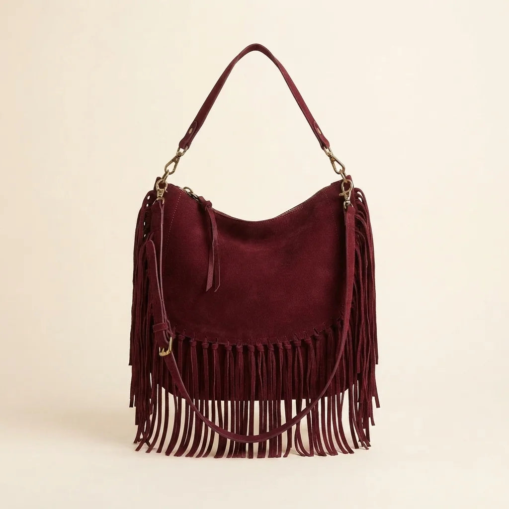 Burgundy bohemian fringe bag, front view