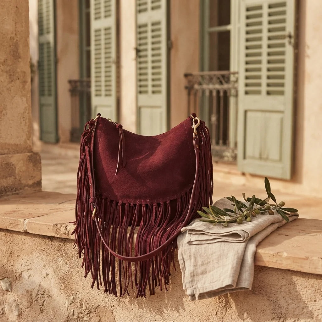 Burgundy bohemian fringe bag styled in a warm Mediterranean setting