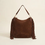Back panel of Chocolate bohemian fringe bag with strap attachments