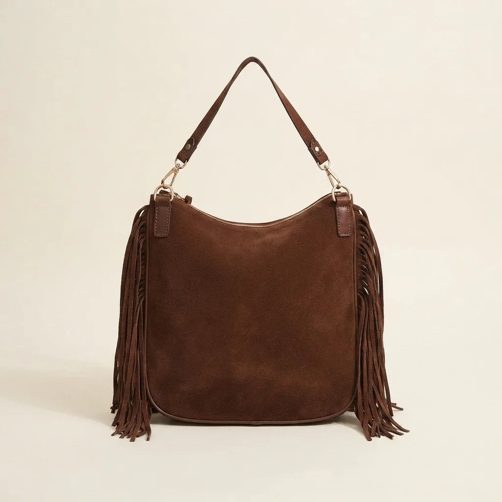 Back panel of Chocolate bohemian fringe bag with strap attachments