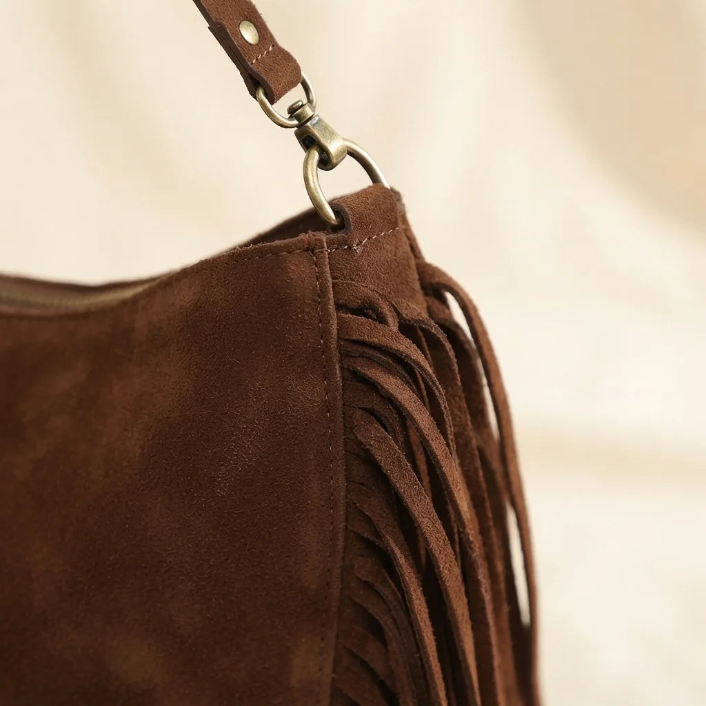 Close-up of fringe stitching and texture on Chocolate bohemian fringe bag