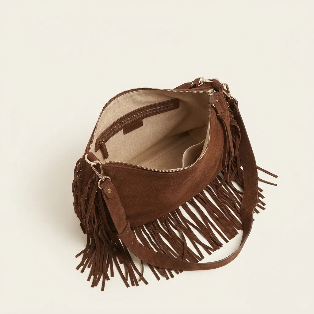 Interior lining and pockets of Chocolate bohemian fringe bag