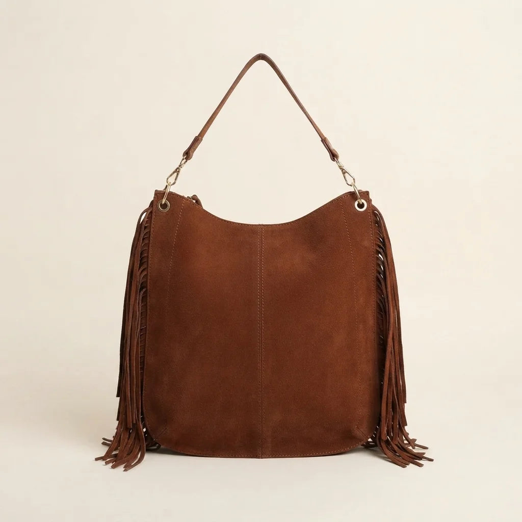 Back panel of Coffee bohemian fringe bag with strap attachments