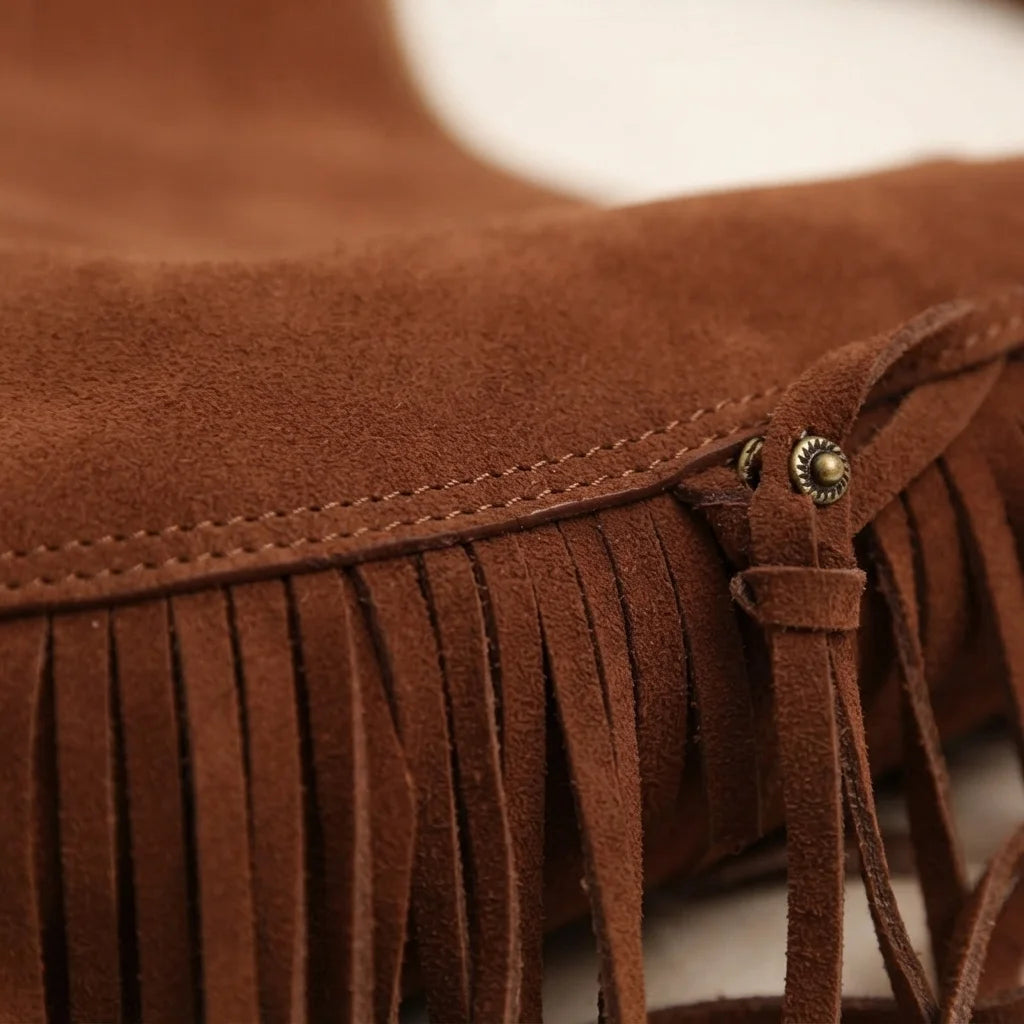 Close-up of fringe stitching and texture on Coffee bohemian fringe bag