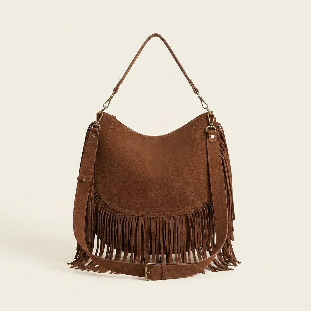 Coffee bohemian fringe bag, front view
