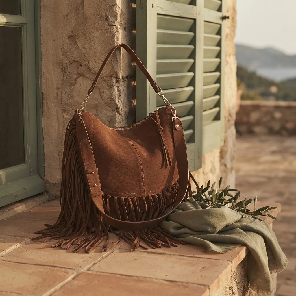 Coffee bohemian fringe bag styled in a warm Mediterranean setting