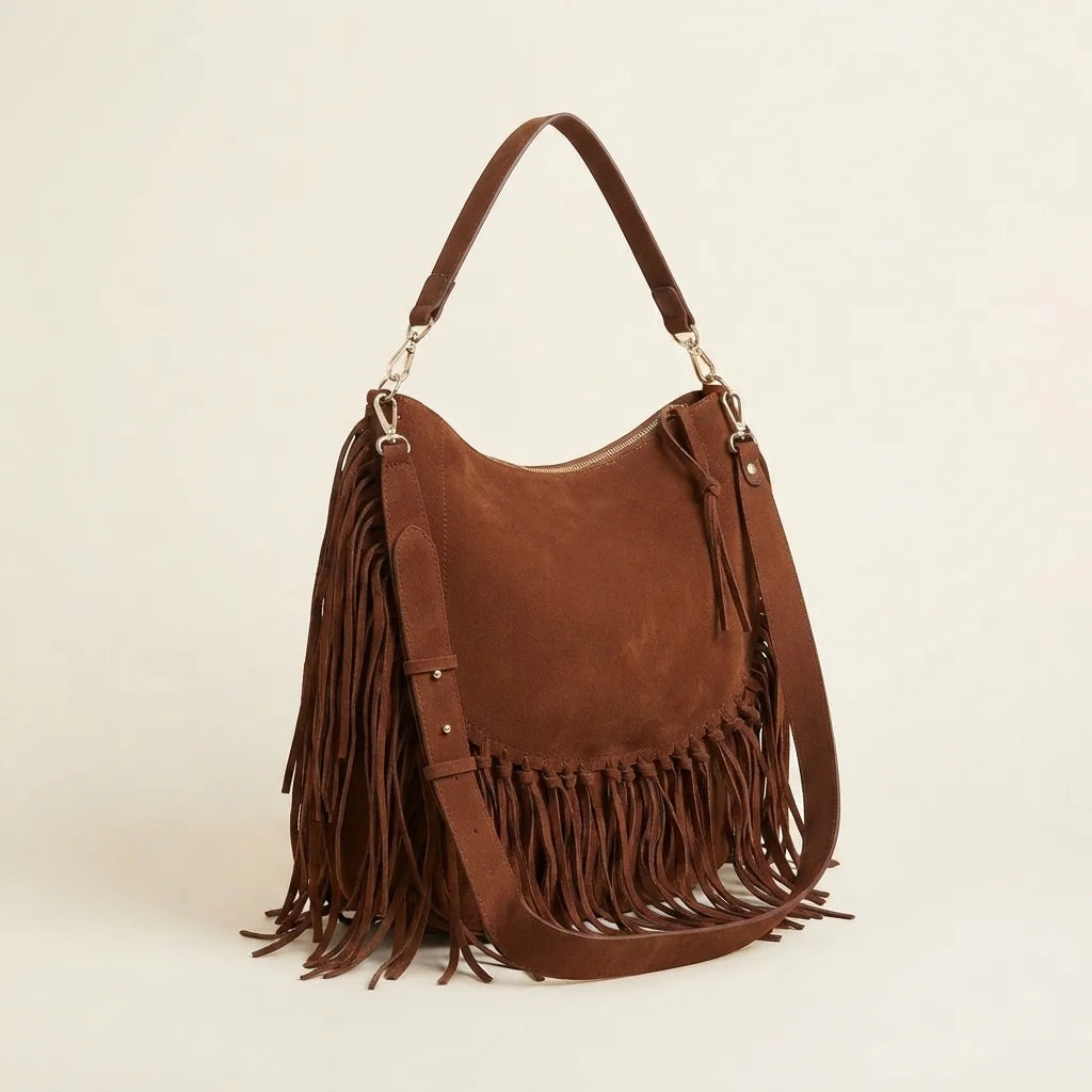 Coffee bohemian fringe bag, three-quarter angle showing side depth