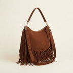 Coffee bohemian fringe bag, three-quarter angle showing side depth
